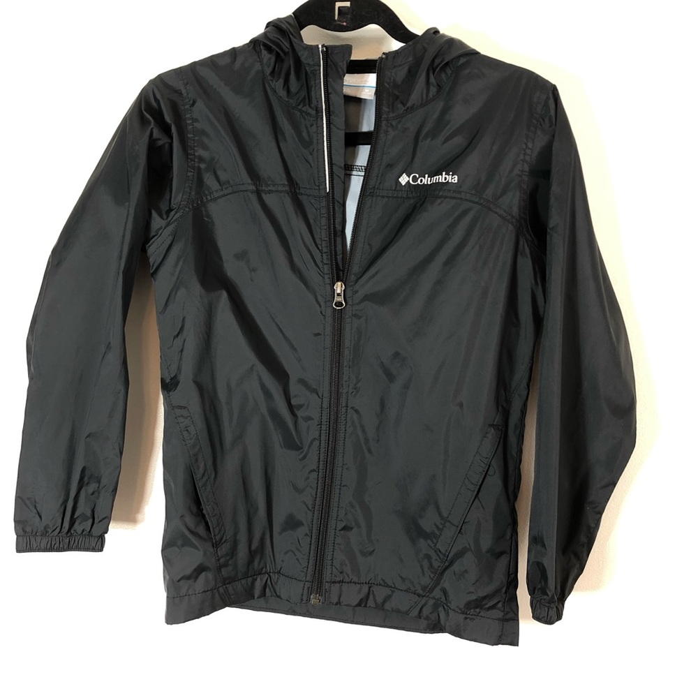 Kids Columbia black rain jacket with hood size M (10/12)